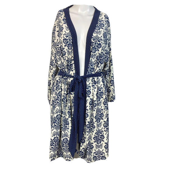 Laura‎ Ashley Robe Womens Sz M Navy Blue Floral Lightweight Belted Kimono - Picture 1 of 11